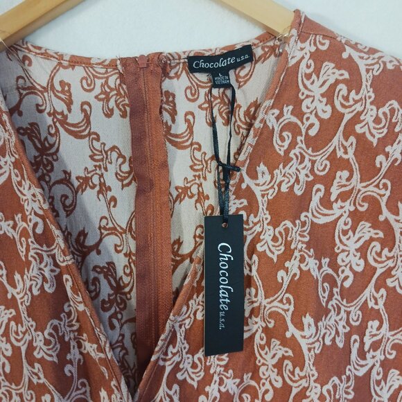 Chocolate U.S.A., Short Romper, Terracotta/Cream Print, Zip Back, Waist Tie SZ L - Picture 8 of 14